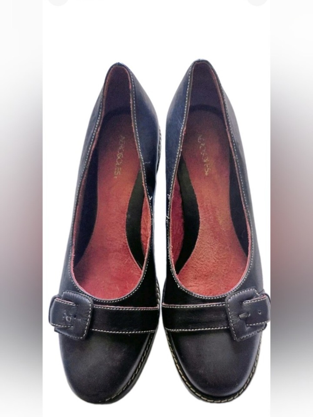 AEROSOLES Black Leather Buckle Flats with Red Insole